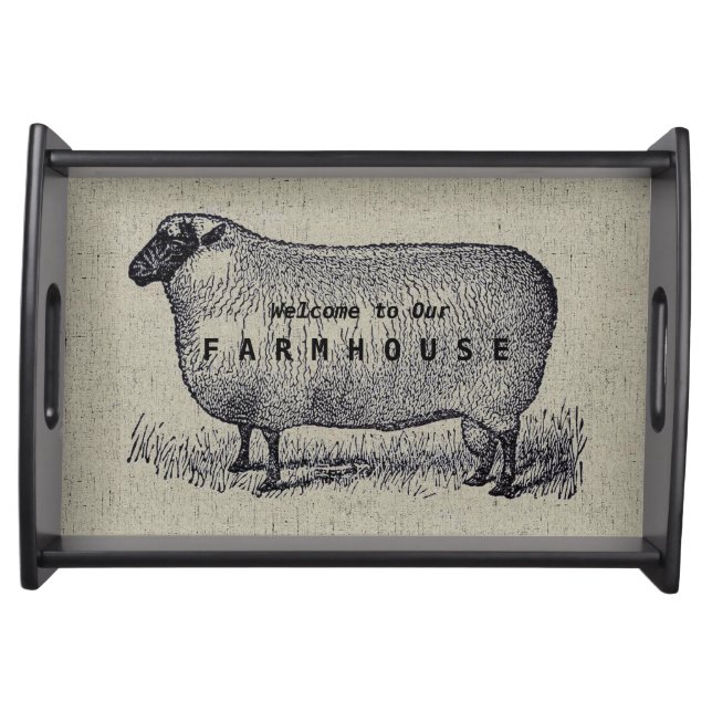 Sheep Illustration Farmhouse Style Custom Text Serving Tray (Front)