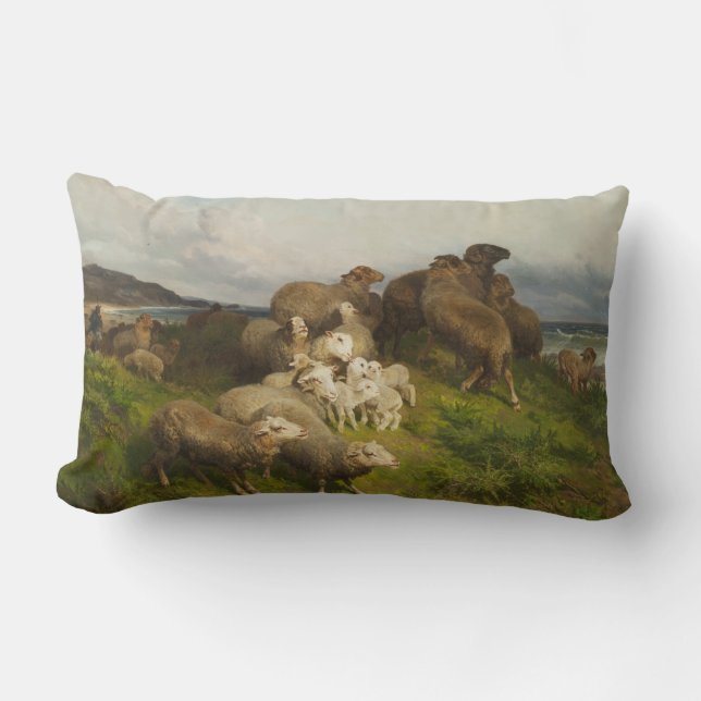 Sheep in a Meadow (by August Friedrich Schenck) Lumbar Pillow (Front)