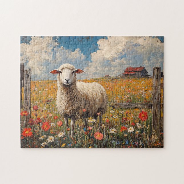 Sheep in a Wildflower Field Rustic Farm Jigsaw Puzzle (Horizontal)