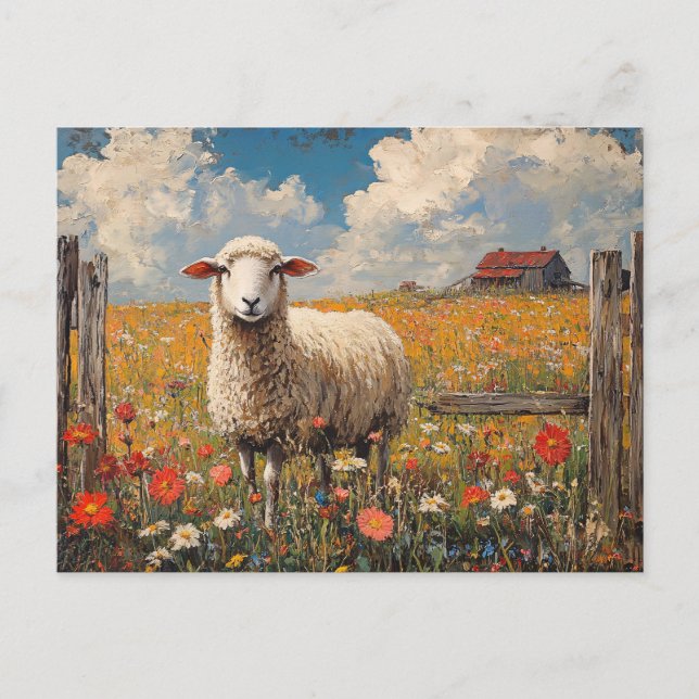 Sheep in a Wildflower Field Rustic Farm Postcard (Front)