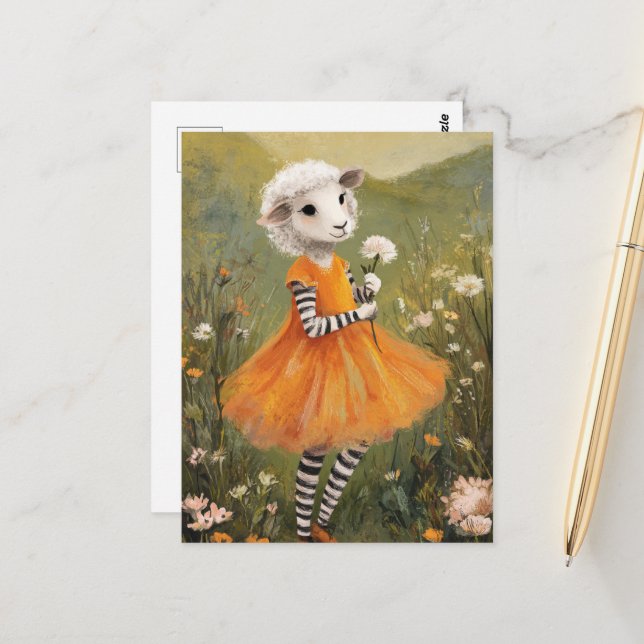 Sheep in an Orange Dress in the Wildflowers Postcard (Front/Back In Situ)
