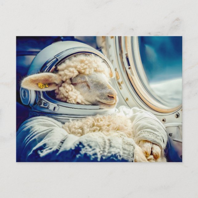 Sheep in astronaut suit floating in space holiday postcard (Front)