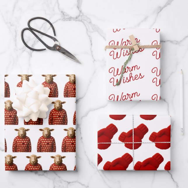 Sheep in Sheep Sweater, Mittens, Warm Wishes  Wrapping Paper Sheets (Front)