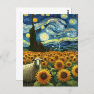 Sheep in the Sunflower Field A Faux Van Gogh Postcard