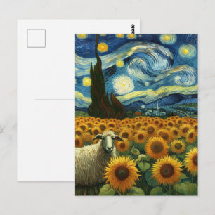 Sheep in the Sunflower Field A Faux Van Gogh  Postcard
