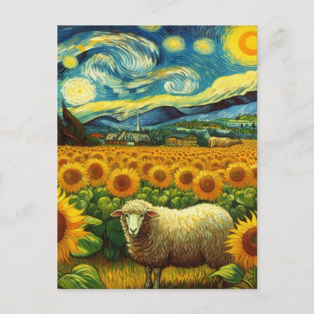 Sheep in the Sunflower Field Van Gogh Style Postcard (Front)