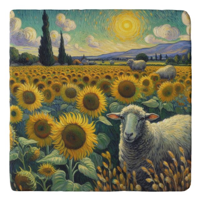 Sheep in the Sunflower Field Van Gogh Trivet (Front)