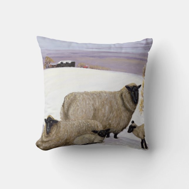 Sheep in Winter Throw Pillow (Front)