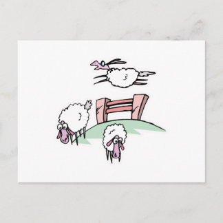 sheep jumping fence postcard