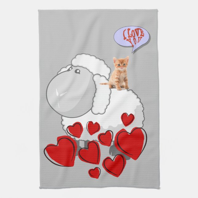 Sheep Kitten Red Hearts Kitchen Hand Towel (Vertical)