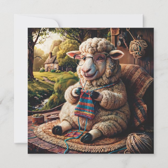Sheep Knitting 1.1 Funny Flat Greeting Card (Front)