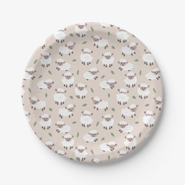 Sheep & Lamb Cute Hand Drawn Farm Animals Paper Plates (Front)