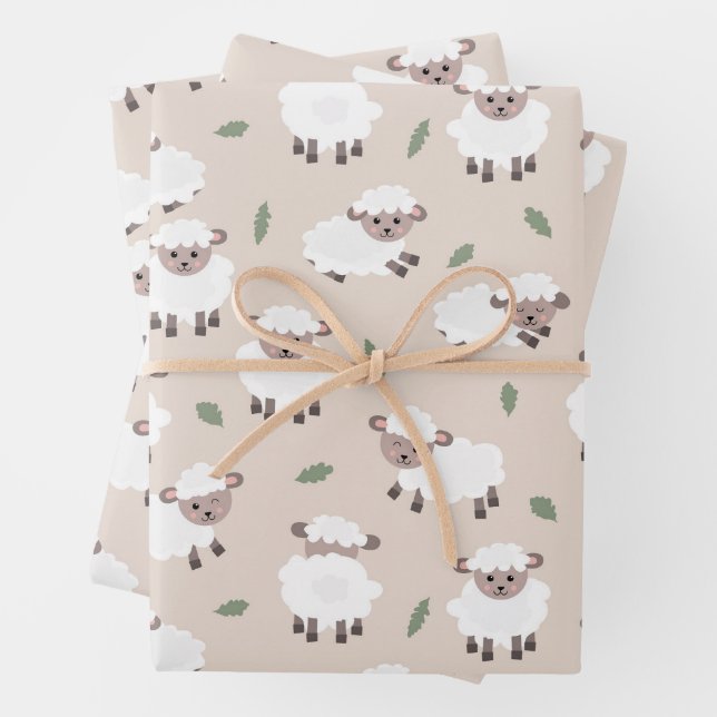 Sheep & Lamb Cute Hand Drawn Farm Animals Wrapping Paper Sheets (In situ)