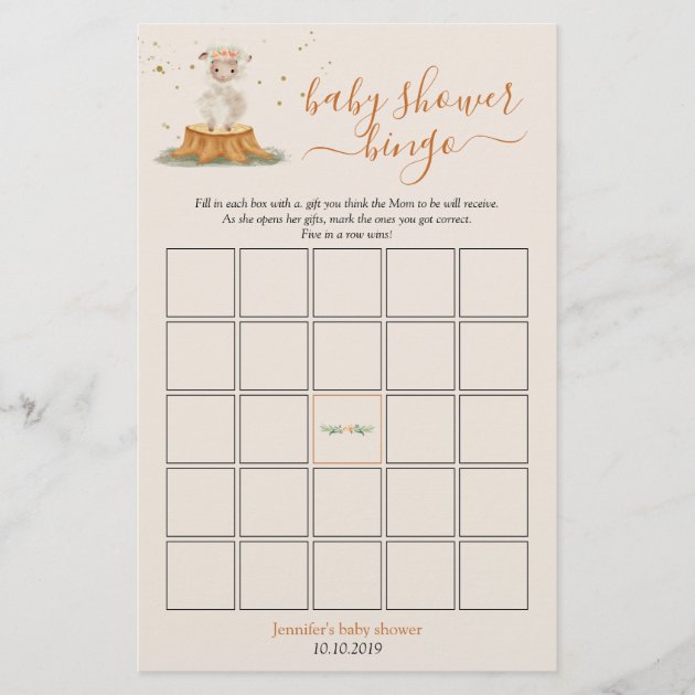 Sheep Lamb Woodland Animals Baby Shower Bingo Game