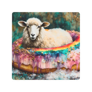Sheep on a Rainbow Color Floating Doughnut Metal Print