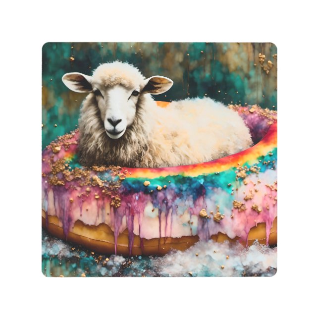 Sheep on a Rainbow Color Floating Doughnut Metal Print (Front)