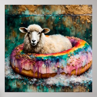 Sheep on a Rainbow Color Floating Doughnut