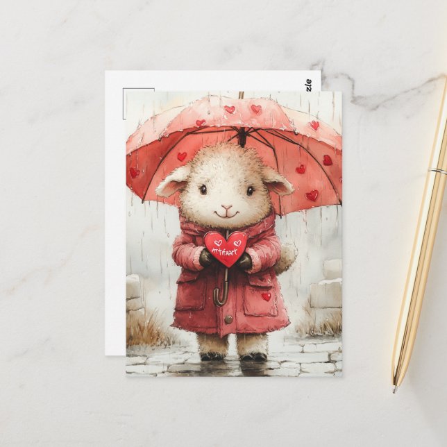 Sheep on a Rainy Day Pink Hearts Umbrella Postcard (Front/Back In Situ)