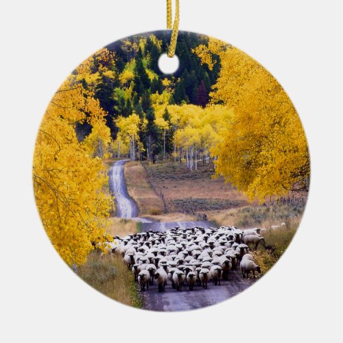 Sheep on Country Road Ceramic Ornament