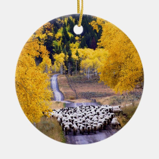 Sheep on Country Road Ceramic Ornament (Front)