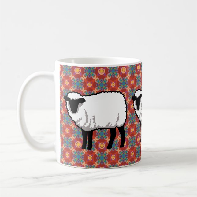 Sheep on Ornate Red Pattern Coffee Mug (Left)