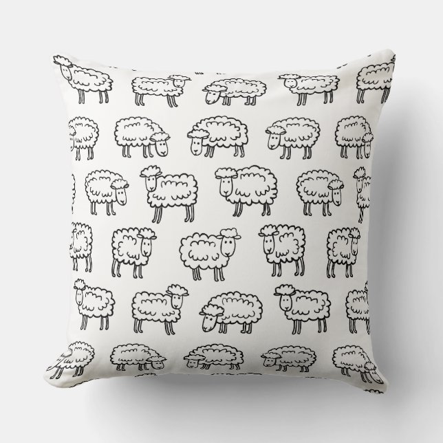 Sheep Pattern - Black and White Throw Pillow (Front)