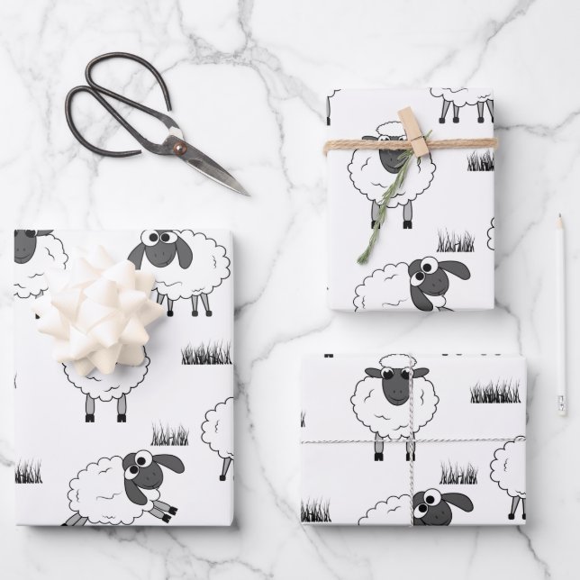 Sheep Pattern - Black and White Wrapping Paper Sheets (Front)