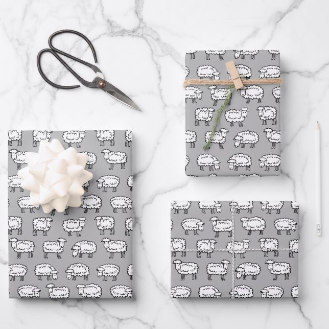 Sheep Pattern - Black, White and Gray Wrapping Paper Sheets (Front)