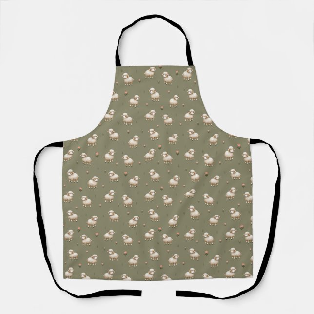 Sheep pattern: cute lambs, floral, grass on green apron (Front)