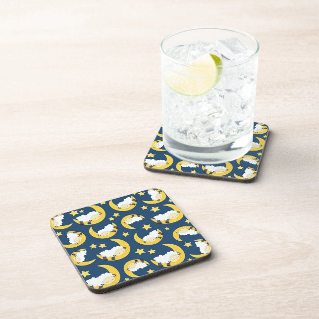 Sheep Pattern, Sleeping Sheep, Moon, Stars Beverage Coaster (Right Side)