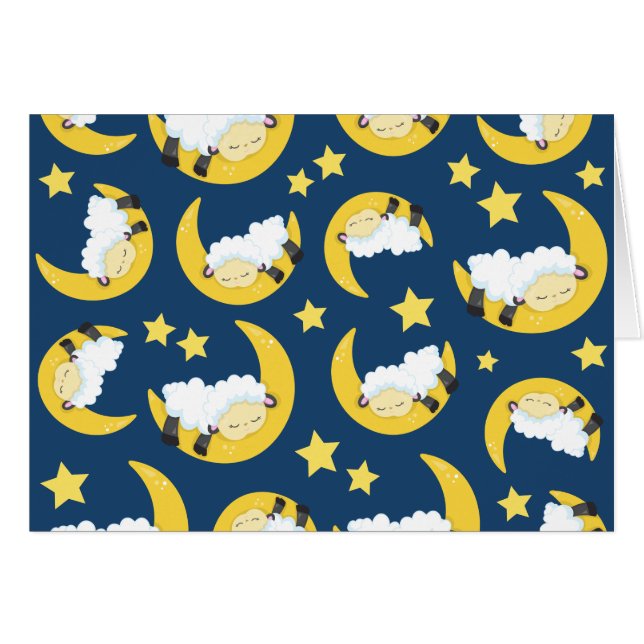 Sheep Pattern, Sleeping Sheep, Moon, Stars Cards (Front Horizontal)