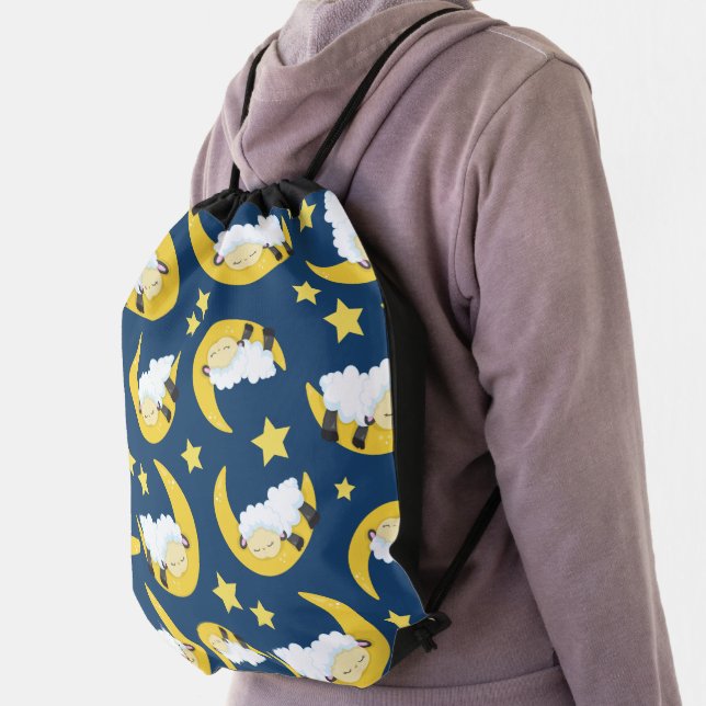 Sheep Pattern, Sleeping Sheep, Moon, Stars Drawstring Bag (Insitu)