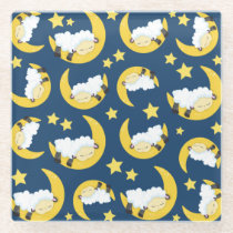 Sheep Pattern, Sleeping Sheep, Moon, Stars Glass Coaster