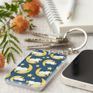 Sheep Pattern, Sleeping Sheep, Moon, Stars Keychain