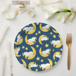 Sheep Pattern, Sleeping Sheep, Moon, Stars Paper Plates