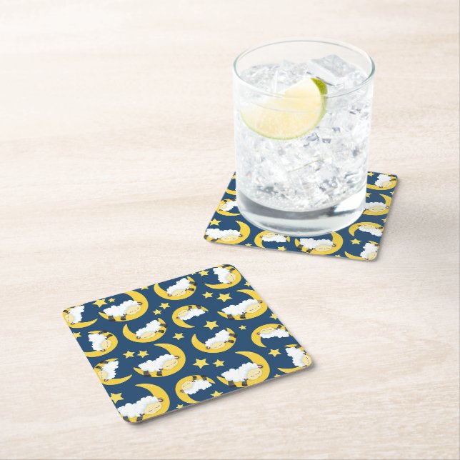 Sheep Pattern, Sleeping Sheep, Moon, Stars Square Paper Coaster (Insitu)