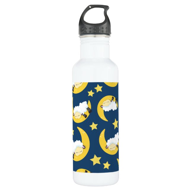 Sheep Pattern, Sleeping Sheep, Moon, Stars Stainless Steel Water Bottle (Front)