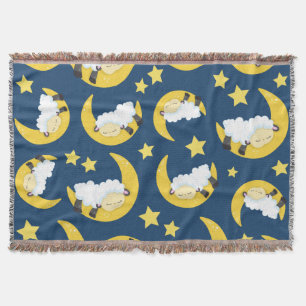 Sheep Pattern, Sleeping Sheep, Moon, Stars Throw Blanket