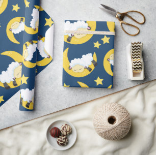 Sheep Pattern, Sleeping Sheep, Moon, Stars Wrapping Paper
