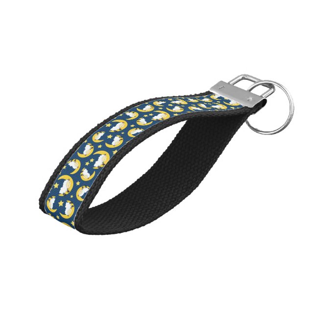 Sheep Pattern, Sleeping Sheep, Moon, Stars Wrist Keychain (Angled Up)