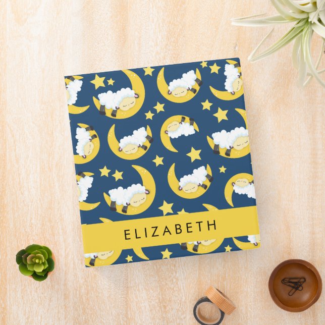 Sheep Pattern, Sleeping Sheep, Moon, Your Name 3 Ring Binder (In Situ)