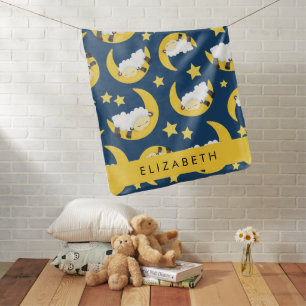 Sheep Pattern, Sleeping Sheep, Moon, Your Name Baby Blanket