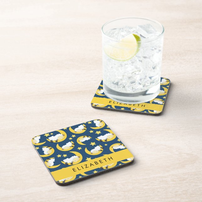 Sheep Pattern, Sleeping Sheep, Moon, Your Name Beverage Coaster (Right Side)