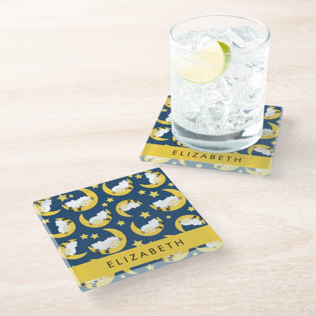 Sheep Pattern, Sleeping Sheep, Moon, Your Name Glass Coaster (Angled)