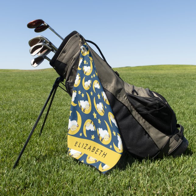 Sheep Pattern, Sleeping Sheep, Moon, Your Name Golf Towel (Green)