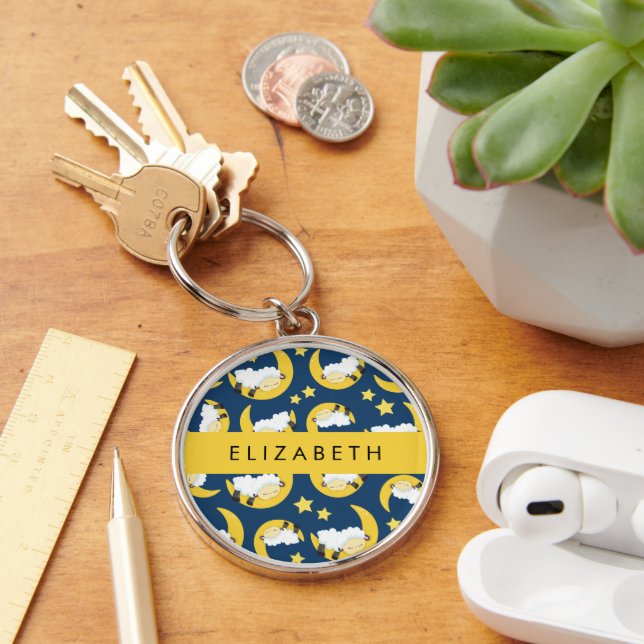 Sheep Pattern, Sleeping Sheep, Moon, Your Name Keychain (Desk)