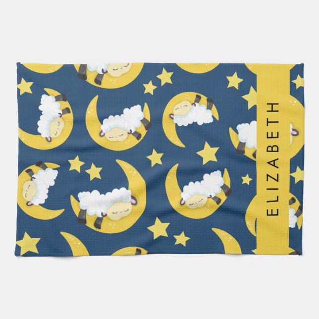 Sheep Pattern, Sleeping Sheep, Moon, Your Name Kitchen Towel (Horizontal)