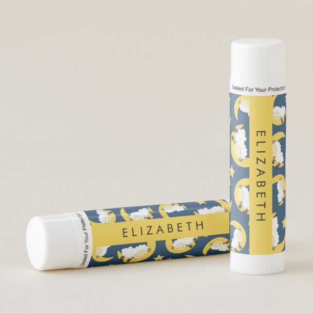 Sheep Pattern, Sleeping Sheep, Moon, Your Name Lip Balm (Front)
