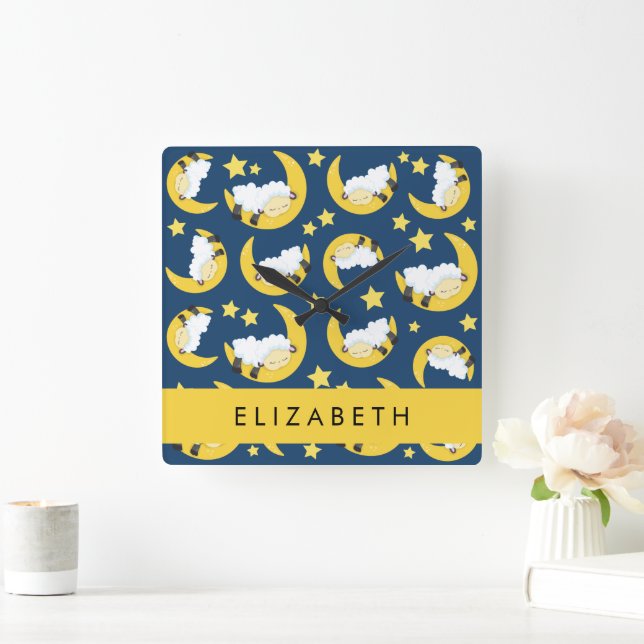 Sheep Pattern, Sleeping Sheep, Moon, Your Name Square Wall Clock (Home)