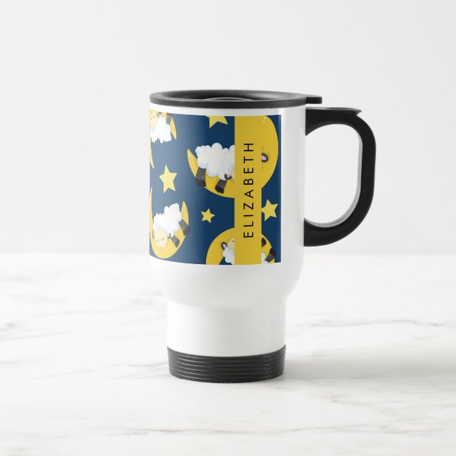 Sheep Pattern, Sleeping Sheep, Moon, Your Name Travel Mug (Right)